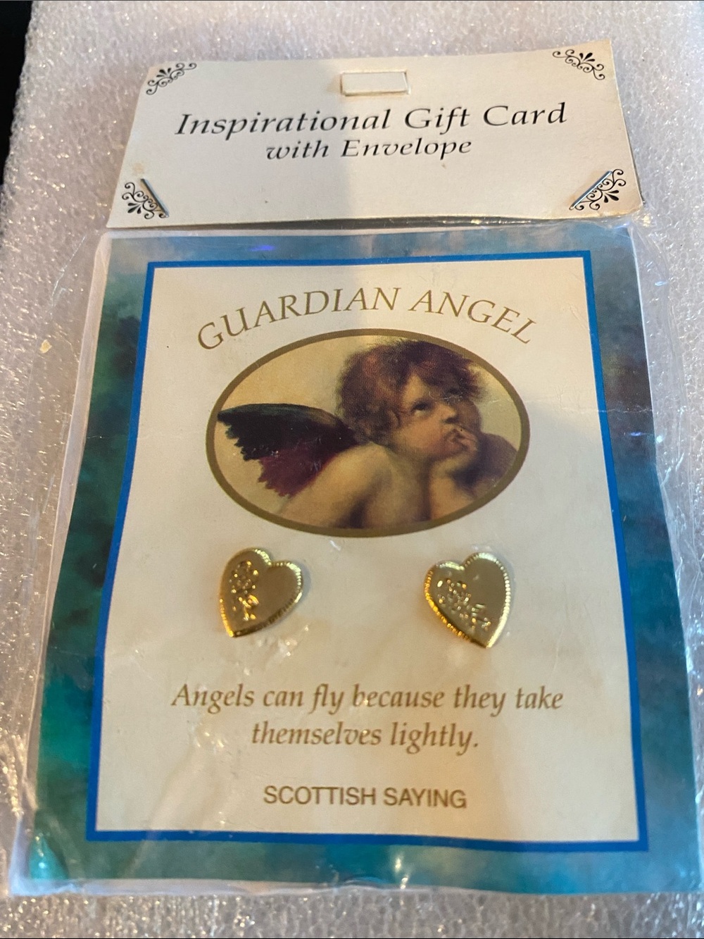 New Guardian Angel Gold Heart Stud Earrings - Inspirational Gift Card
